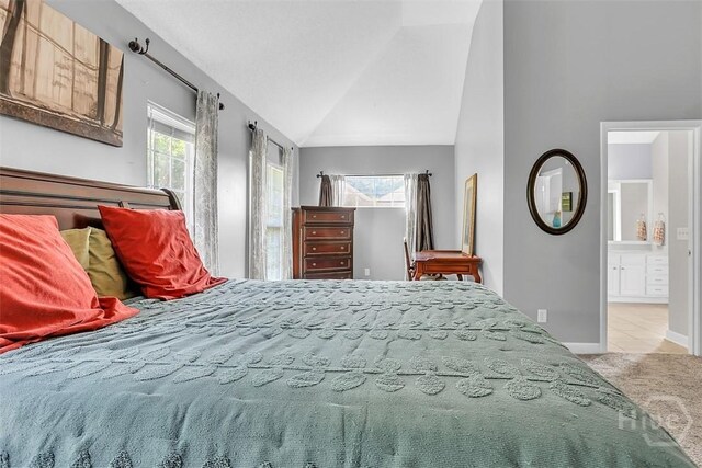 207 Pink Dogwood Ln, Pooler, GA 31322 - bedroom featuring carpet flooring, vaulted ceiling, and baseboards