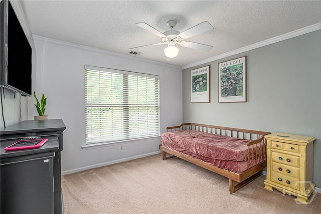 92 Shady Hill Cir, Richmond Hill, GA 31324 - bedroom with multiple windows, crown molding, light colored carpet, a textured ceiling, and baseboards