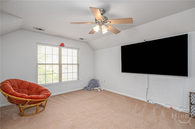 92 Shady Hill Cir, Richmond Hill, GA 31324 - unfurnished room with lofted ceiling, carpet floors, baseboards, a ceiling fan, and a textured ceiling
