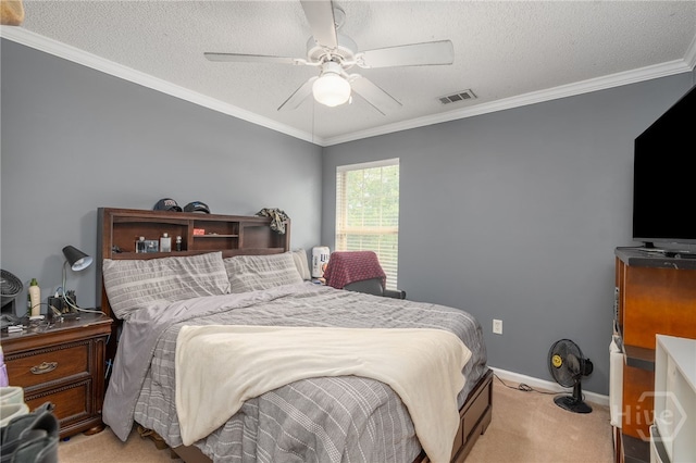92 Shady Hill Cir, Richmond Hill, GA 31324 - bedroom featuring carpet floors, a textured ceiling, ceiling fan, ornamental molding, and baseboards