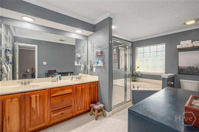 92 Shady Hill Cir, Richmond Hill, GA 31324 - bathroom with toilet, a bath, ornamental molding, double vanity, and a stall shower