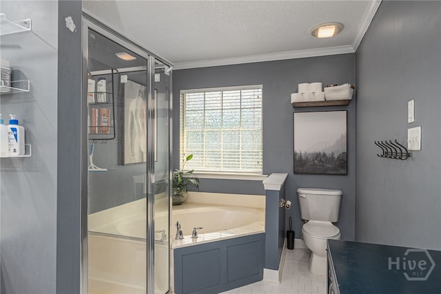 92 Shady Hill Cir, Richmond Hill, GA 31324 - bathroom with toilet, a garden tub, a textured ceiling, ornamental molding, and a shower stall
