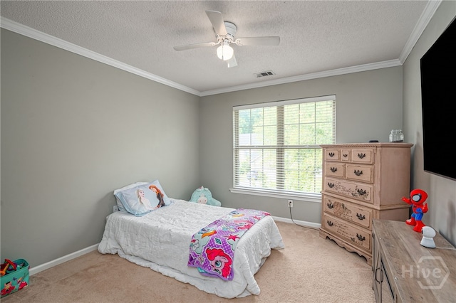 92 Shady Hill Cir, Richmond Hill, GA 31324 - bedroom featuring light colored carpet, baseboards, a textured ceiling, crown molding, and ceiling fan