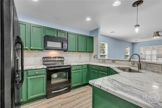 2 Timber Crest Ct, Savannah, GA 31407 - kitchen with black appliances, a sink, green cabinets, and recessed lighting