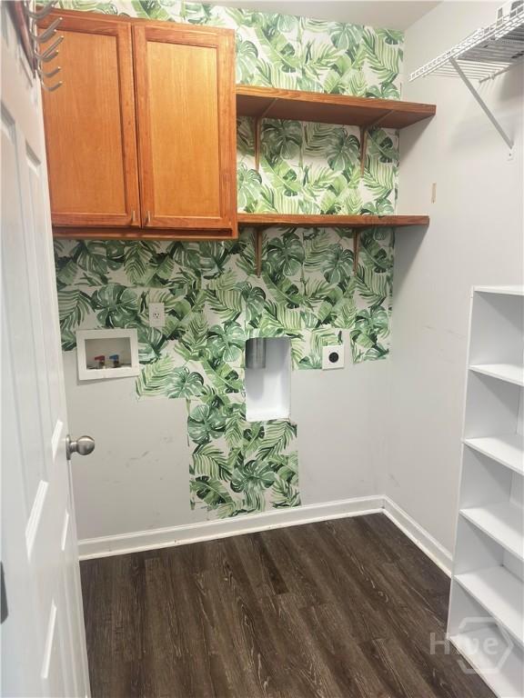 2 Timber Crest Ct, Savannah, GA 31407 - laundry area with electric dryer hookup, dark wood-type flooring, hookup for a washing machine, baseboards, and cabinet space