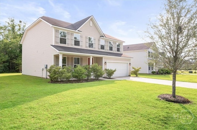 303 Waybridge Way, Richmond Hill, GA 31324 - view of front of home featuring a garage, concrete driveway, a front yard, and covered porch