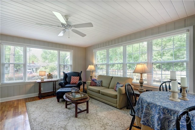 423 E 57th St, Savannah, GA 31405 - living area featuring wooden ceiling, hardwood / wood-style floors, ceiling fan, and wood walls