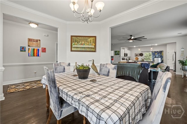 40 Saddlebrush Rd, Ellabell, GA 31308 - dining room with a chandelier, dark wood-style flooring, ceiling fan, ornamental molding, and baseboards