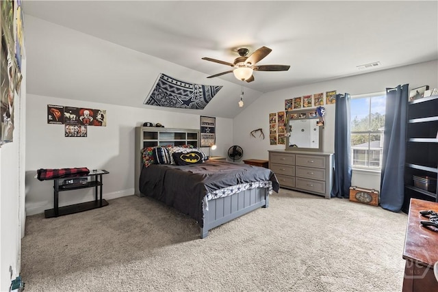 40 Saddlebrush Rd, Ellabell, GA 31308 - carpeted bedroom featuring vaulted ceiling, a ceiling fan, and baseboards