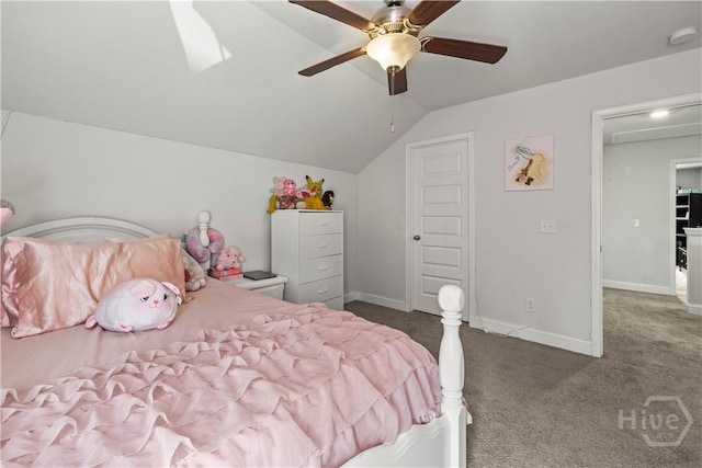 40 Saddlebrush Rd, Ellabell, GA 31308 - carpeted bedroom with lofted ceiling, baseboards, and a ceiling fan