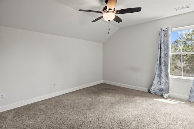 40 Saddlebrush Rd, Ellabell, GA 31308 - carpeted empty room featuring vaulted ceiling, ceiling fan, and baseboards
