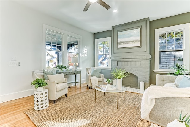 1001 Maupas Ave, Savannah, GA 31401 - living room with a ceiling fan, baseboards, healthy amount of natural light, wood finished floors, and recessed lighting