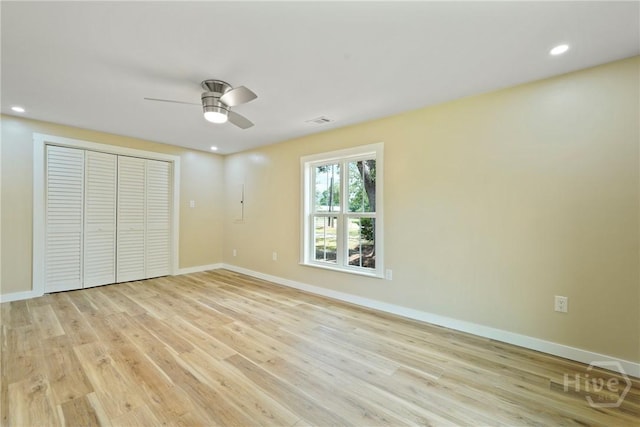 40 Circle Dr, Pembroke, GA 31321 - unfurnished bedroom with light wood-style floors, a closet, recessed lighting, and a ceiling fan