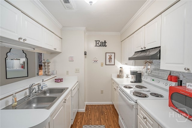 12300 Apache Ave Unit 1517, Savannah, GA 31419 - kitchen featuring white appliances, under cabinet range hood, light wood finished floors, white cabinets, and tasteful backsplash