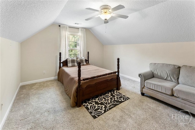 201 Henderson Oaks Dr, Savannah, GA 31419 - carpeted bedroom featuring a textured ceiling, baseboards, lofted ceiling, and a ceiling fan