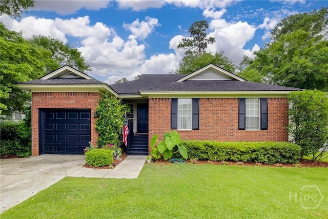 19 S Lake Dr, Savannah, GA 31410 - ranch-style home with an attached garage, brick siding, a front yard, and concrete driveway