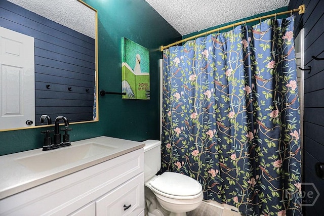 111 Runner Rd, Savannah, GA 31410 - full bath with toilet, a textured ceiling, vanity, a shower with shower curtain, and wooden walls
