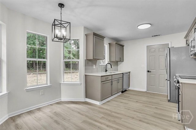 152 Saint Ives Dr, Savannah, GA 31419 - kitchen with stainless steel appliances, gray cabinets, light wood finished floors, a sink, and plenty of natural light