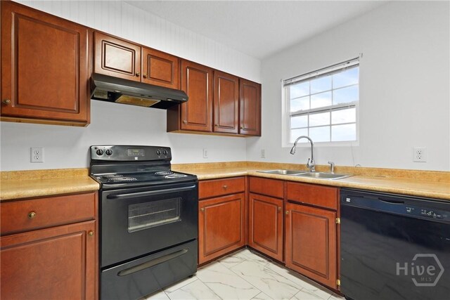 315 S Bridgeport Dr, Statesboro, GA 30461 - kitchen with under cabinet range hood, black appliances, a sink, light marble finish floors, and light countertops