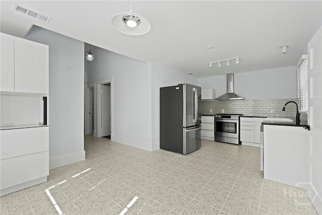 710 W 36th St, Savannah, GA 31415 - kitchen with appliances with stainless steel finishes, wall chimney range hood, dark countertops, a sink, and white cabinetry