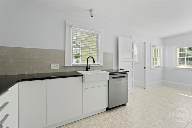 710 W 36th St, Savannah, GA 31415 - kitchen with a sink, stainless steel dishwasher, dark countertops, backsplash, and white cabinets