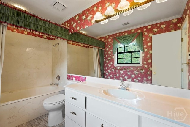 145 Cardinal Rd, Savannah, GA 31406 - bathroom featuring ornamental molding, wallpapered walls, toilet, vanity, and tile patterned floors