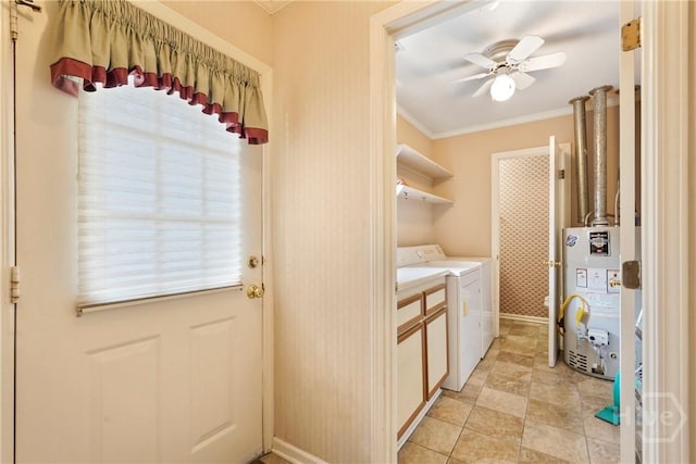 145 Cardinal Rd, Savannah, GA 31406 - washroom featuring water heater, ornamental molding, ceiling fan, washing machine and clothes dryer, and baseboards