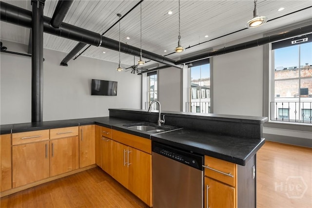 301 W Broughton St Unit 3B, Savannah, GA 31401 - kitchen featuring dishwasher, a sink, light wood-style floors, a peninsula, and wood ceiling