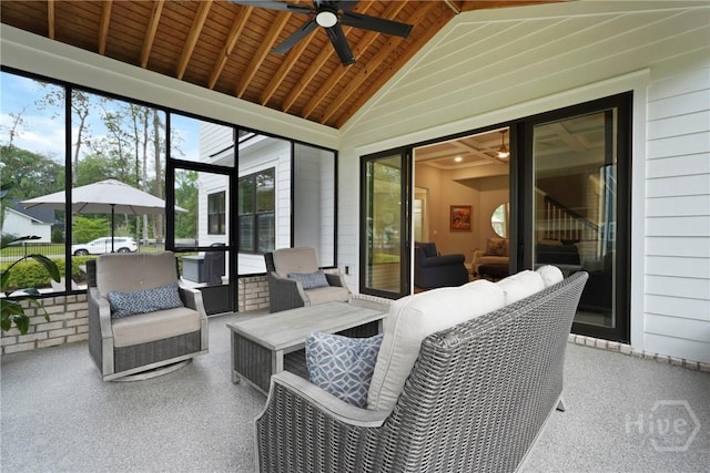 315 Linkside Lake Dr, Richmond Hill, GA 31324 - sunroom with a ceiling fan, vaulted ceiling, and outdoor lounge area
