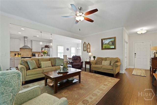 20 Oakcrest Ct, Savannah, GA 31405 - living room featuring a ceiling fan, dark wood-style flooring, ornamental molding, and baseboards