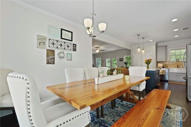20 Oakcrest Ct, Savannah, GA 31405 - dining space with recessed lighting, dark wood-style flooring, ornamental molding, and a ceiling fan