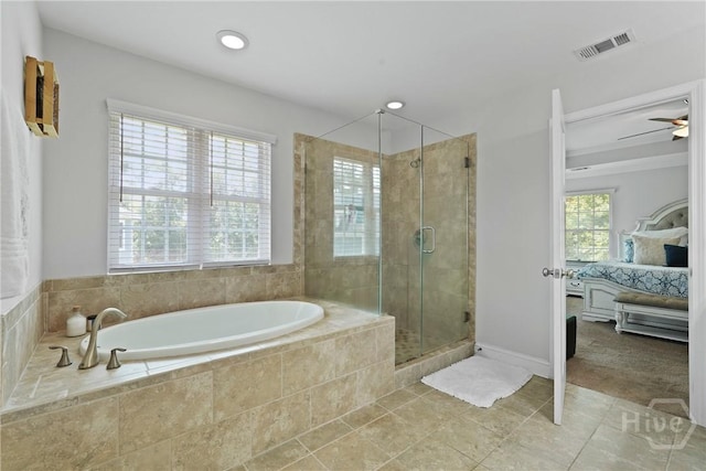 20 Oakcrest Ct, Savannah, GA 31405 - bathroom with a bath, ensuite bathroom, a shower stall, tile patterned flooring, and ceiling fan