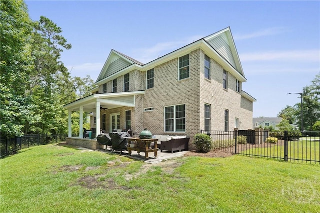 20 Oakcrest Ct, Savannah, GA 31405 - back of property featuring an outdoor hangout area, a ceiling fan, a patio, and brick siding
