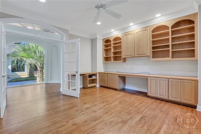 3 Elcy Ln, Savannah, GA 31411 - unfurnished office featuring built in desk, ornamental molding, a ceiling fan, recessed lighting, and light wood finished floors