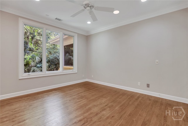 3 Elcy Ln, Savannah, GA 31411 - unfurnished room with baseboards, light wood finished floors, crown molding, a ceiling fan, and recessed lighting