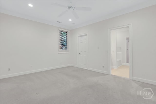 3 Elcy Ln, Savannah, GA 31411 - unfurnished bedroom featuring light carpet, baseboards, recessed lighting, ensuite bath, and ceiling fan