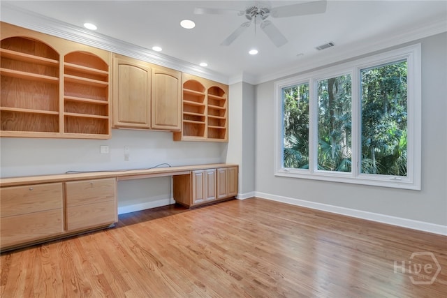 3 Elcy Ln, Savannah, GA 31411 - kitchen featuring light brown cabinets, open shelves, crown molding, ceiling fan, and light wood-type flooring