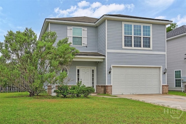 194 Calm Oaks Cir, Savannah, GA 31419 - traditional home with an attached garage, driveway, a front lawn, and brick siding