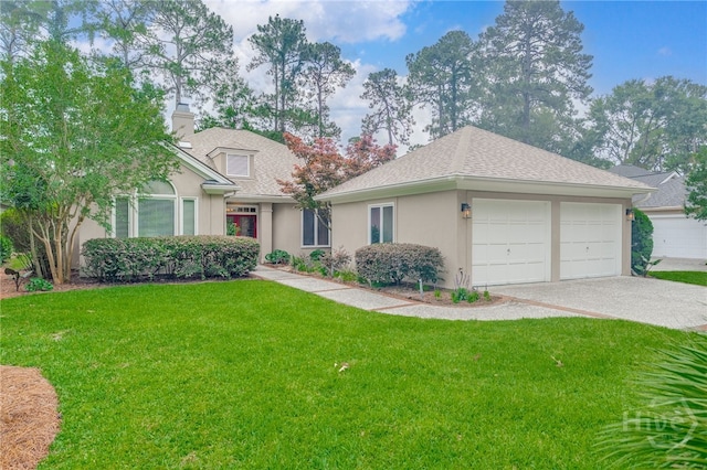 6 Pine Shadow Ct, Savannah, GA 31411 - view of front of house featuring stucco siding, a chimney, an attached garage, a front yard, and driveway