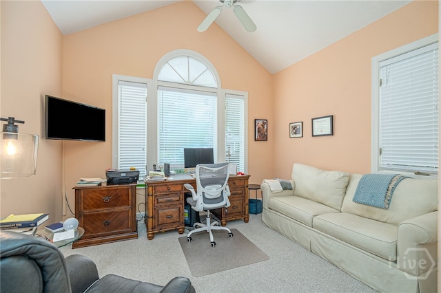 6 Pine Shadow Ct, Savannah, GA 31411 - office area with lofted ceiling, carpet, and a ceiling fan