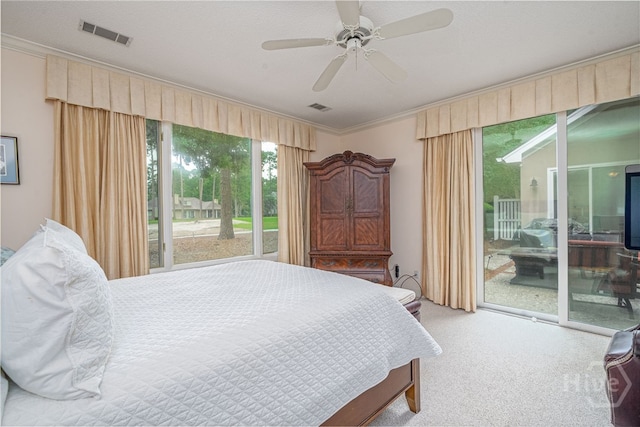 6 Pine Shadow Ct, Savannah, GA 31411 - bedroom featuring access to exterior, multiple windows, ornamental molding, carpet flooring, and a ceiling fan
