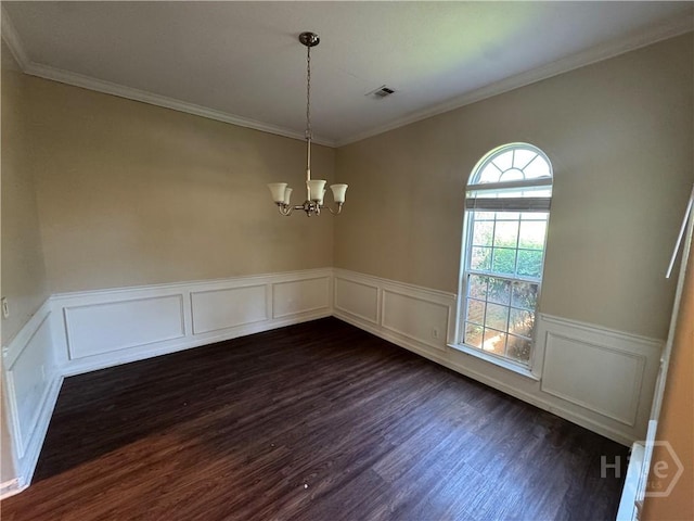 415 Copper Creek Cir, Pooler, GA 31322 - unfurnished room featuring dark wood-style floors, a chandelier, crown molding, and a wainscoted wall