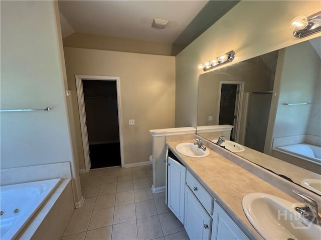 415 Copper Creek Cir, Pooler, GA 31322 - bathroom with a jetted tub, tile patterned floors, double vanity, a walk in closet, and a shower stall