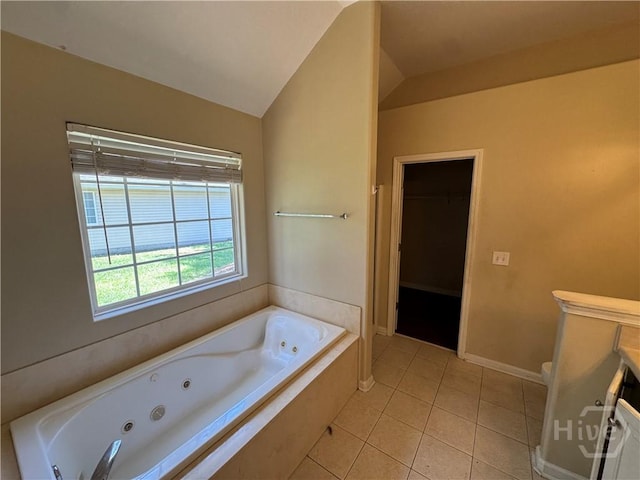 415 Copper Creek Cir, Pooler, GA 31322 - full bathroom with a jetted tub, vanity, tile patterned floors, lofted ceiling, and toilet