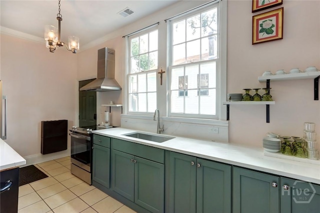 123 W Park Ave Unit 2, Savannah, GA 31401 - kitchen with a sink, green cabinetry, wall chimney exhaust hood, stainless steel electric range oven, and open shelves