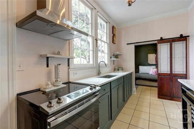 123 W Park Ave Unit 2, Savannah, GA 31401 - kitchen featuring electric stove, a sink, wall chimney range hood, green cabinetry, and ornamental molding