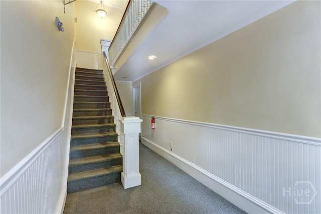 123 W Park Ave Unit 2, Savannah, GA 31401 - stairs with wainscoting and carpet floors