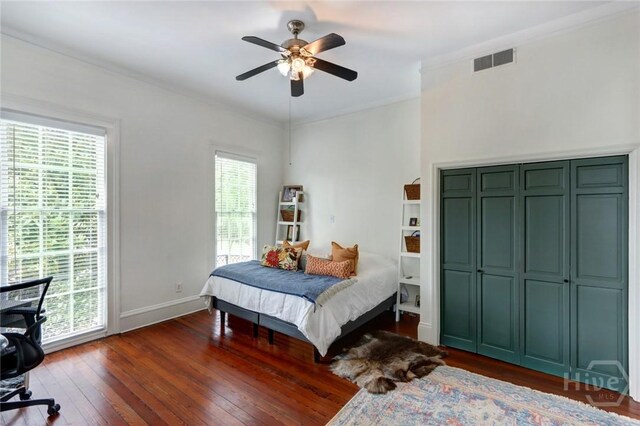 123 W Park Ave Unit 2, Savannah, GA 31401 - bedroom featuring wood-type flooring, baseboards, a ceiling fan, and crown molding