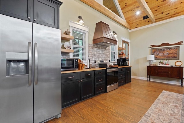 39 Bird Dog Ln, Midway, GA 31320 - kitchen with stainless steel appliances, open shelves, custom exhaust hood, dark cabinetry, and wooden ceiling