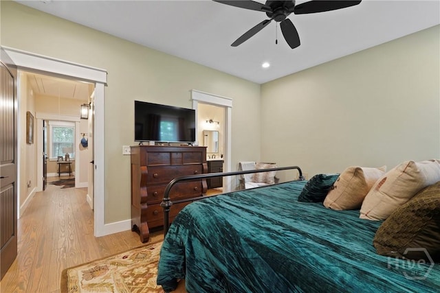39 Bird Dog Ln, Midway, GA 31320 - bedroom featuring attic access, wood finished floors, baseboards, recessed lighting, and a ceiling fan
